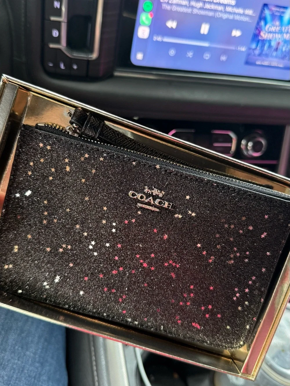 NWT Coach Black Star Glitter Wristlet Zip Pouch Wallet Clutch w/ Gift Box